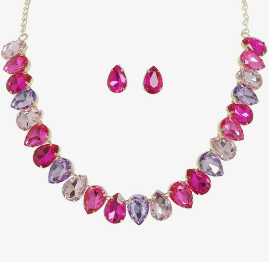 Pink - Teardrop Cut Crystal Gemstone Collar Necklace Set
