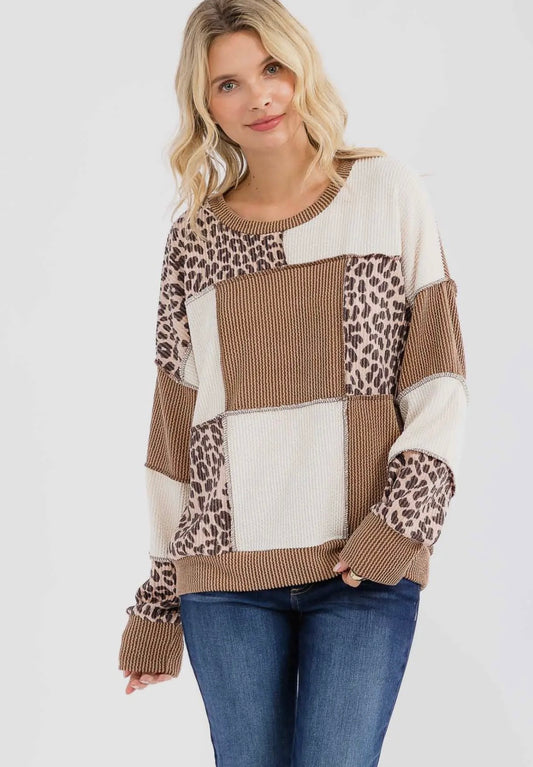Leopard Patchwork Color Block Rib Knit Pullover Top