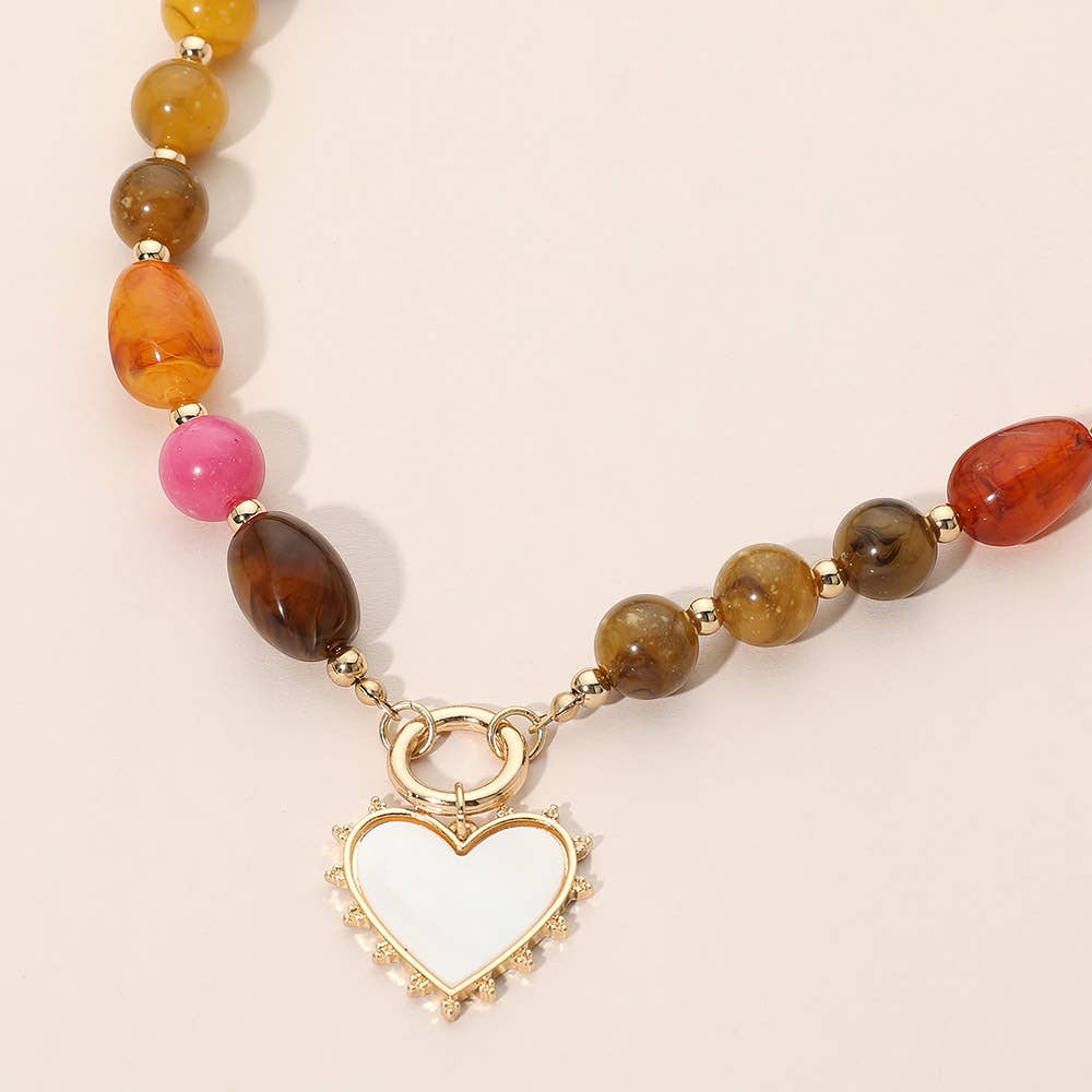Heart Pendant Ring Accent Mixed Bead Necklace: Brown