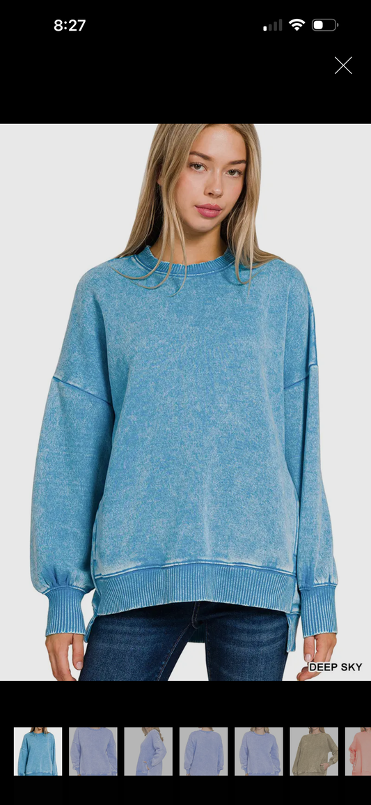 Zenana Acid Wash Hi-Low Hem Pullover with Pockets-Deep Sky