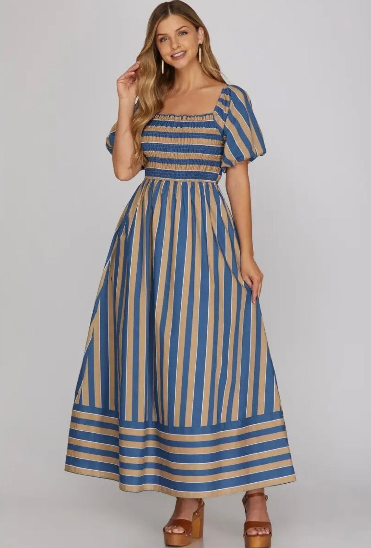 Smocked Top Striped Midi Dress