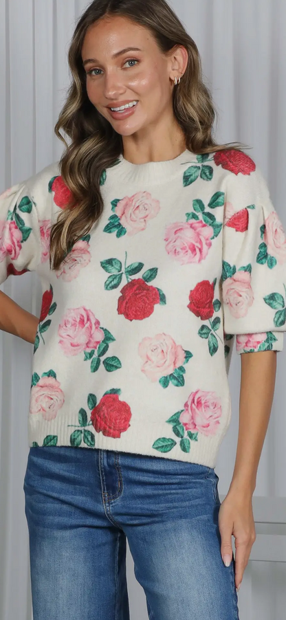 English Roses Crew Neck Cozy Soft Kint Sweater