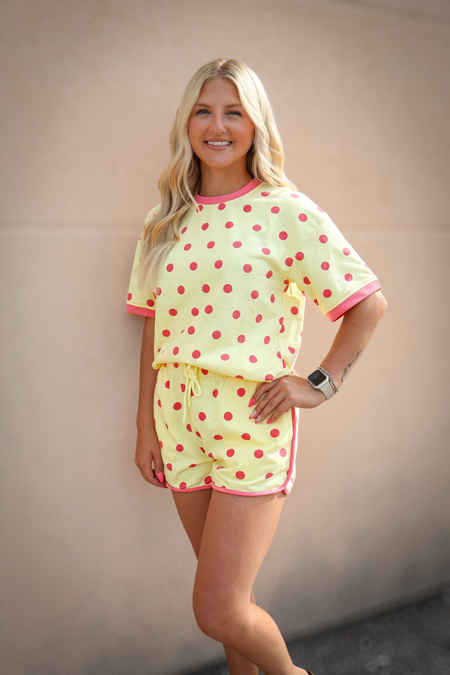 Classic Polka Dot Relaxed Lounge Set - Yellow/Pink