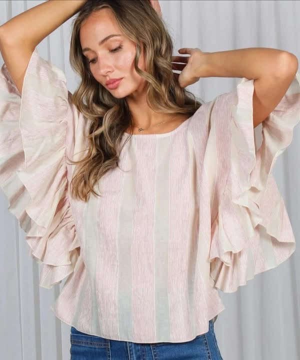 Wild Ruffle Embellished Sleeve Flowy Striped Top