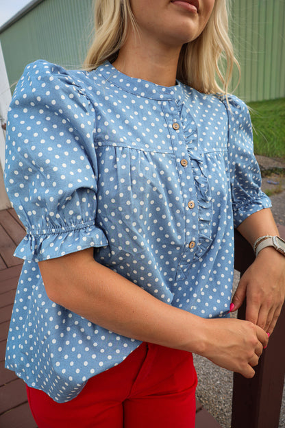 Polka Dot Ruffled Top - Light Denim
