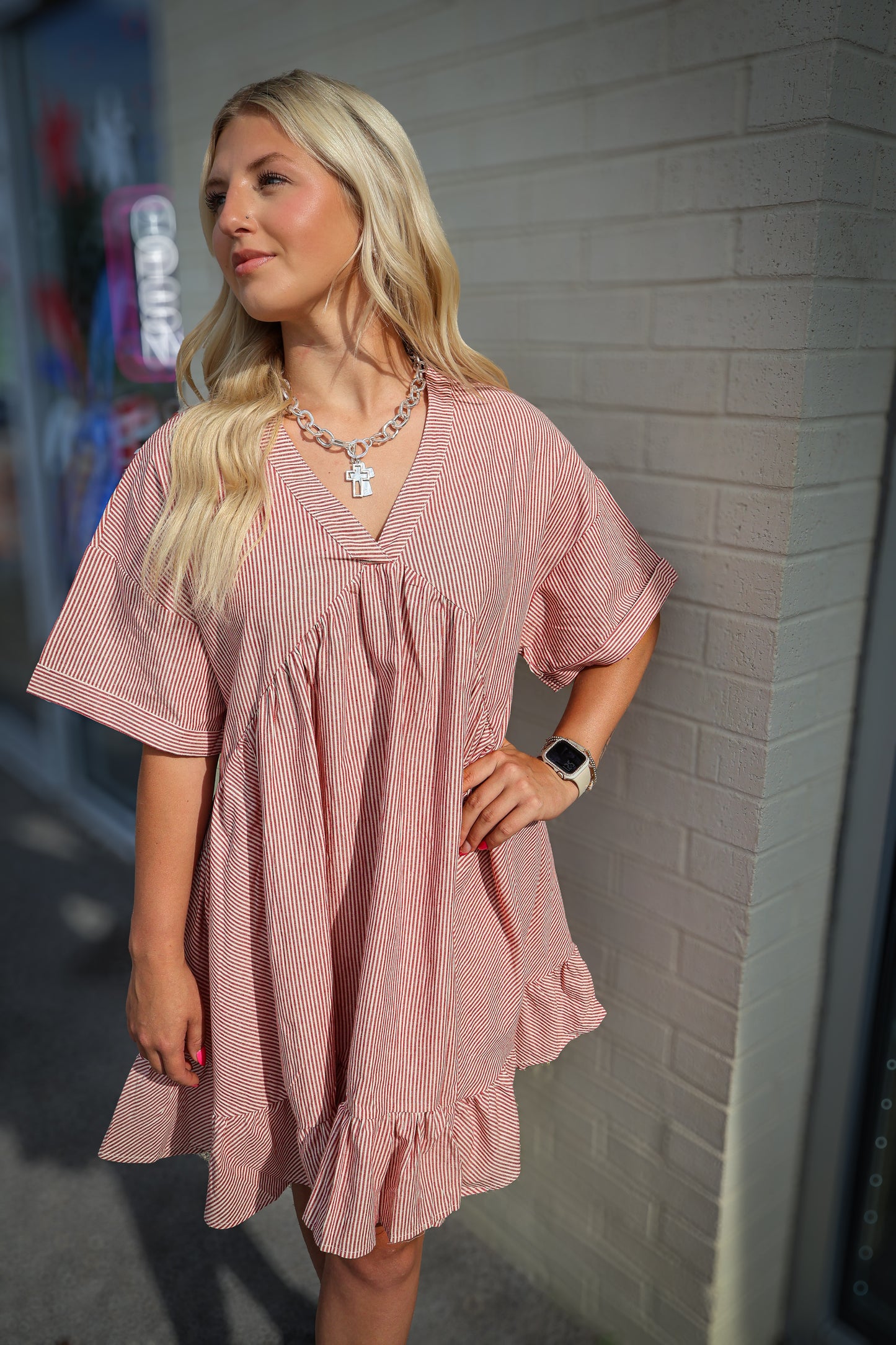Red V-Neck Striped Tiered Baby Doll Dress
