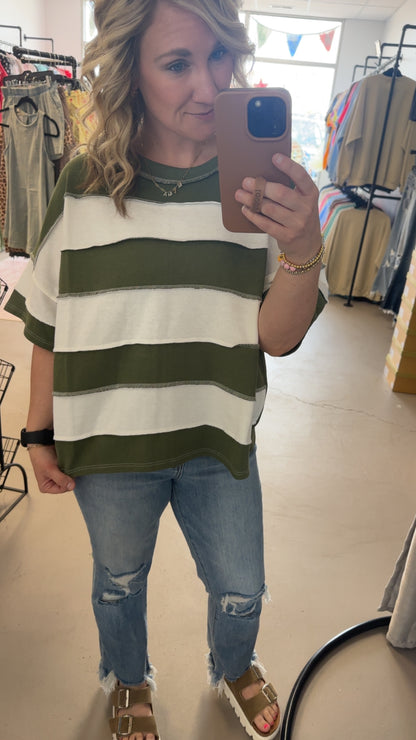 Zenana French Terry Striped Exposed Seam Top