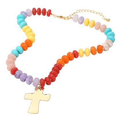 18K Gold Dipped Hammered Cross Plate Pendant Chunky Resin Disc Beaded Necklace: Fuchsia,Gold