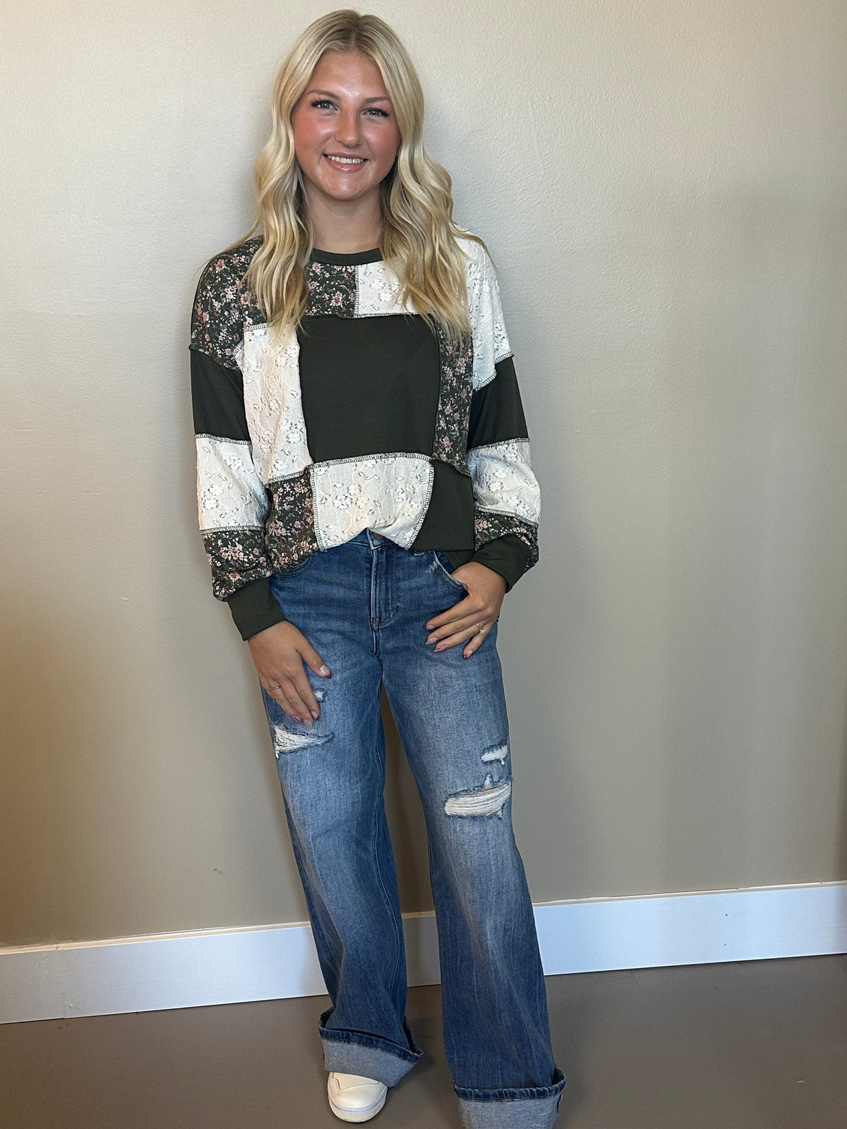Olive Floral & Lace Patchwork Color Block Top