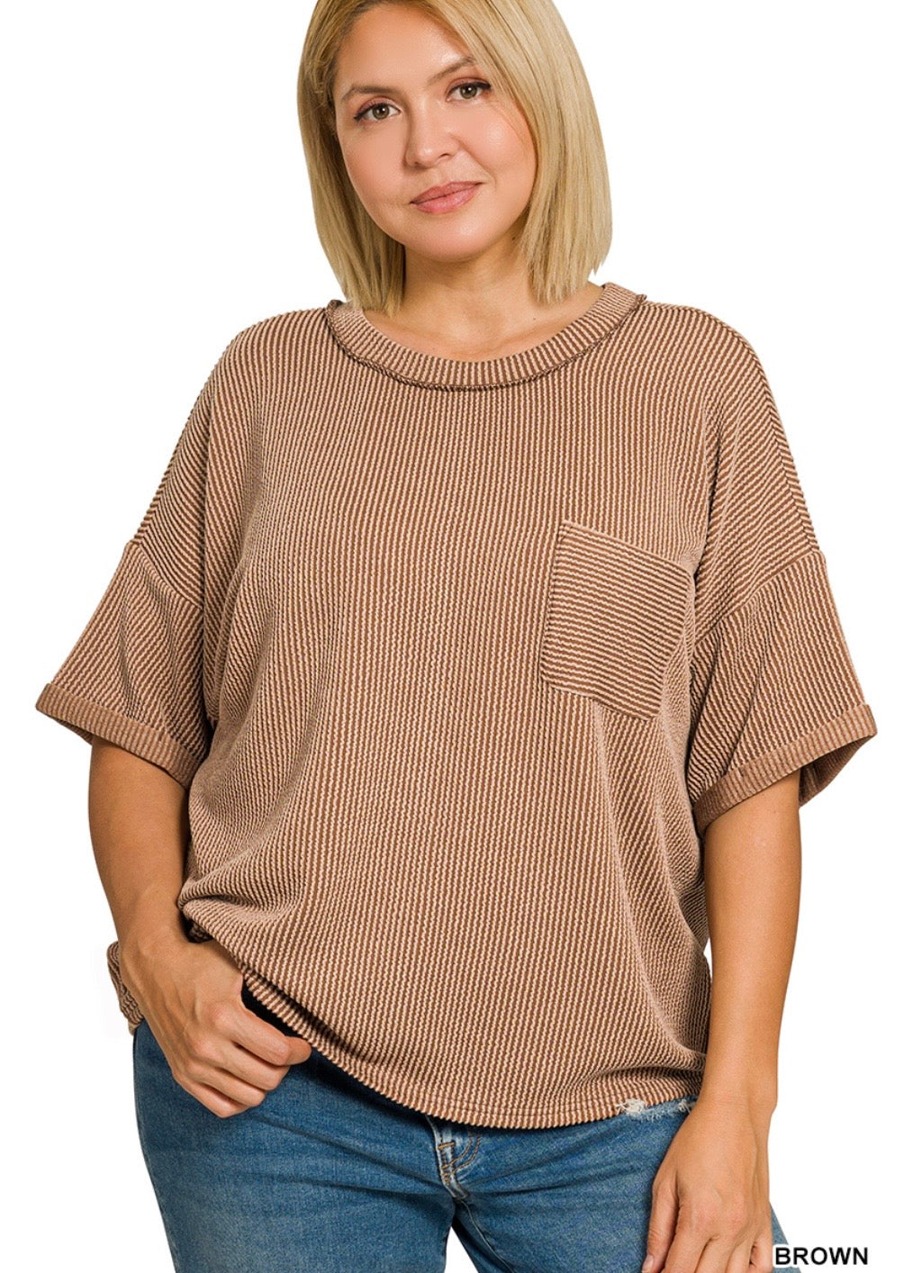 Plus-Raised Rib Short Sleeve Front Pocket Top-Brown