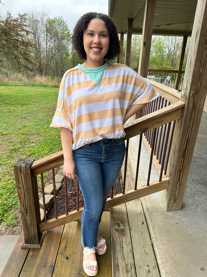 Flutter Elbow Sleeve Stripe French Terry Top