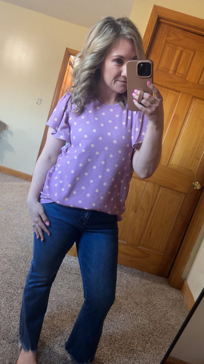 Lavender with Peach Polka Dots Ruffle Sleeve Top