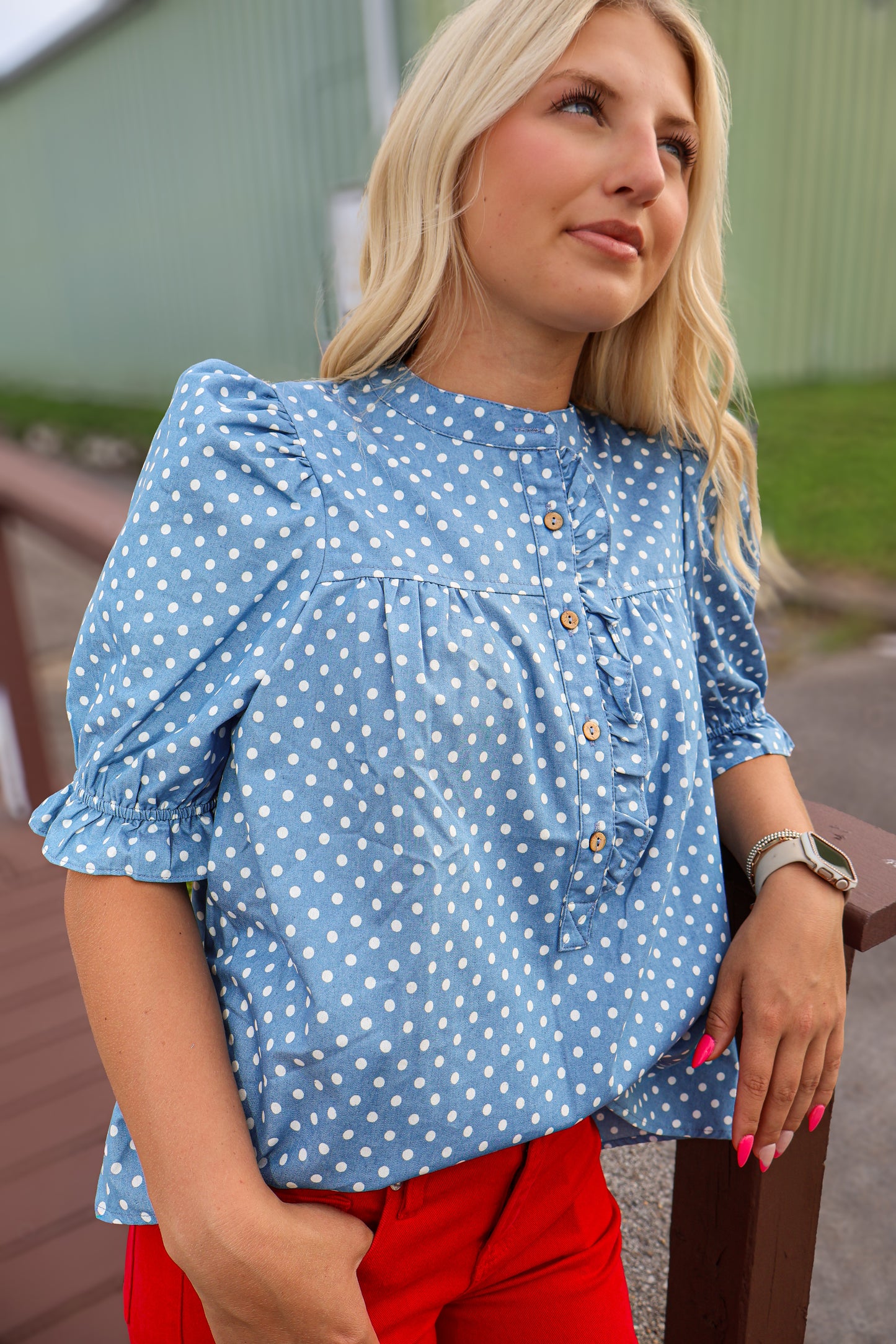 Polka Dot Ruffled Top - Light Denim