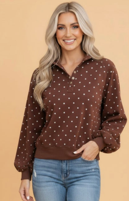 Polka Dot Metal Button Collar Pullover Sweatshirt