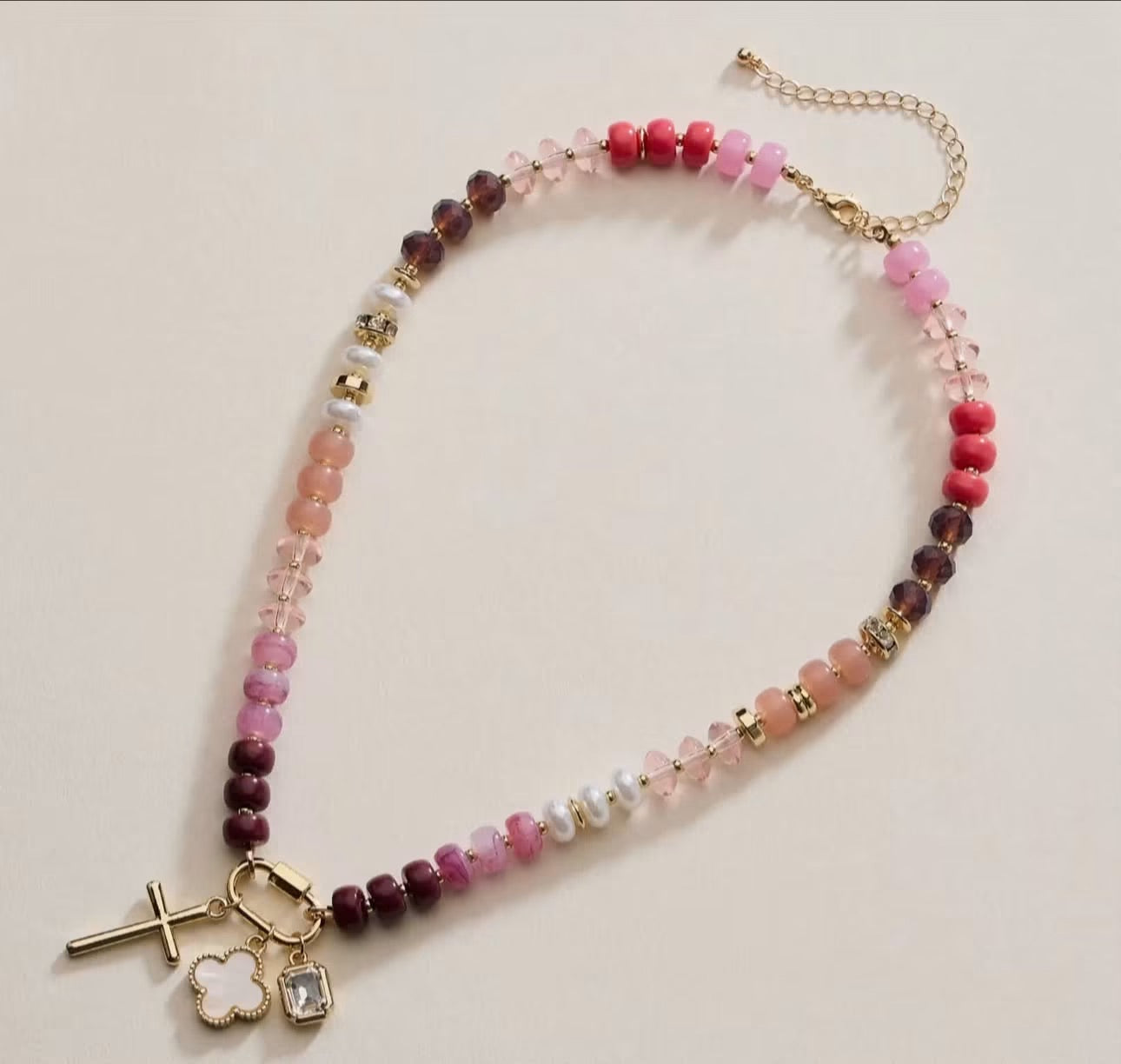 Layered Glass Bead Necklace Pink