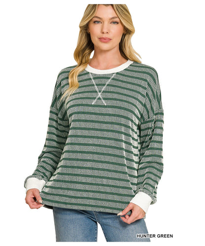 Raised Rib Striped Round Neck Pullover-Hunter Green