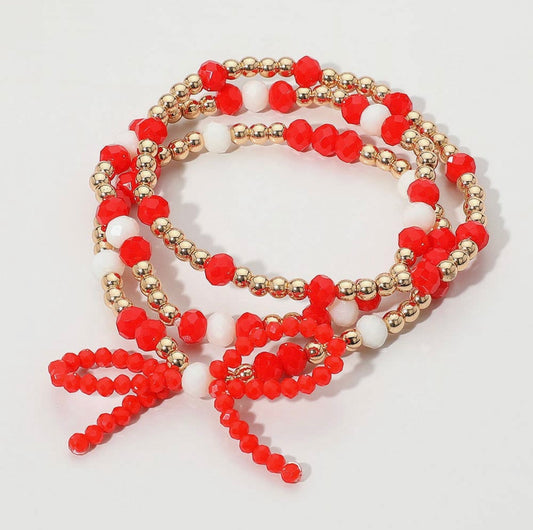 Red - Sports Team Theme Color Bow Beaded Stretch Multi Layered Bracelets