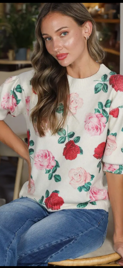 English Roses Crew Neck Cozy Soft Kint Sweater