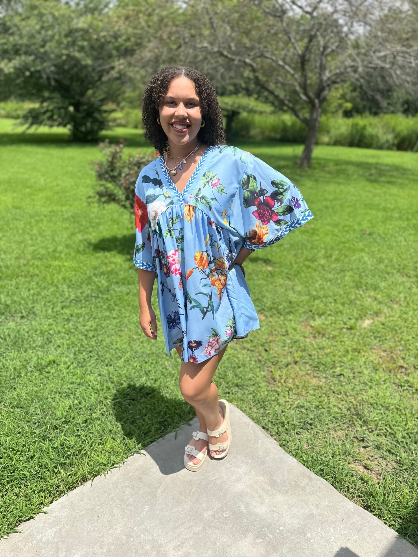Blue Hawaiian Print Dress
