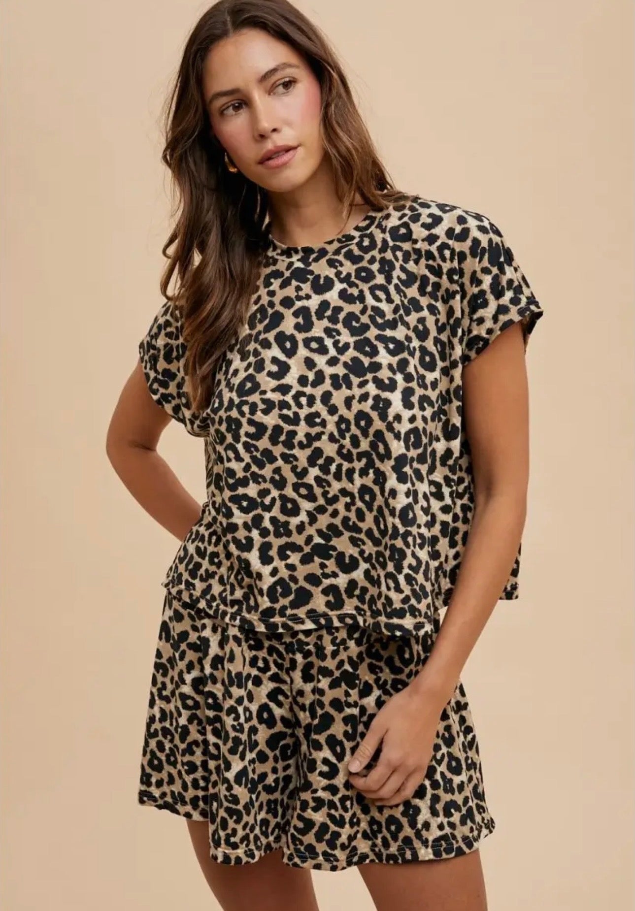Soft Touch Leopard Knit Top and Flare Shorts Set