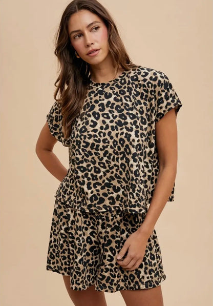 Soft Touch Leopard Knit Top and Flare Shorts Set