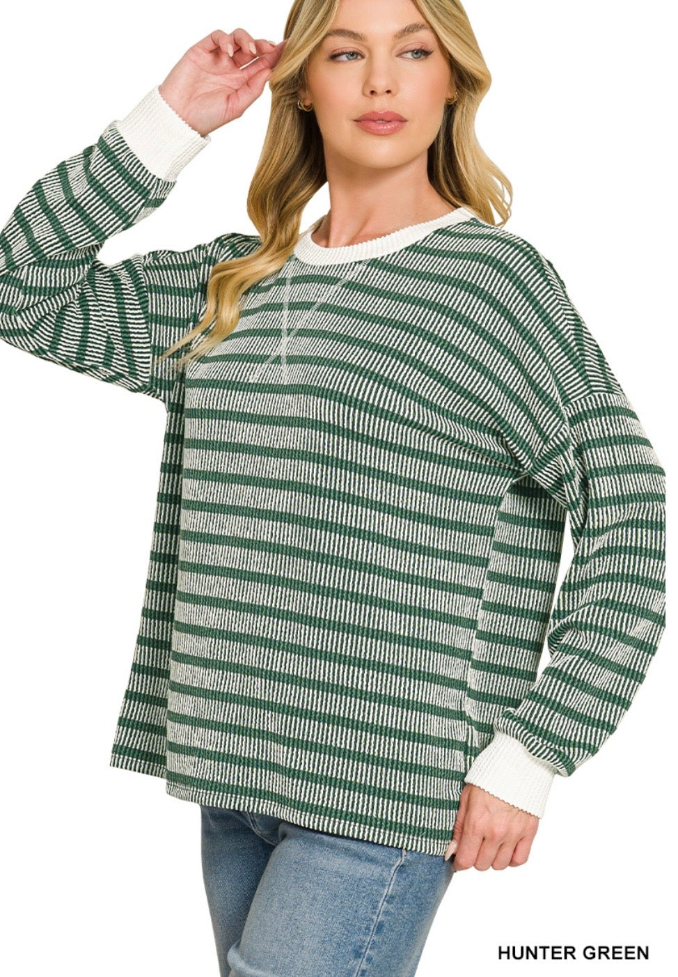 Raised Rib Striped Round Neck Pullover-Hunter Green