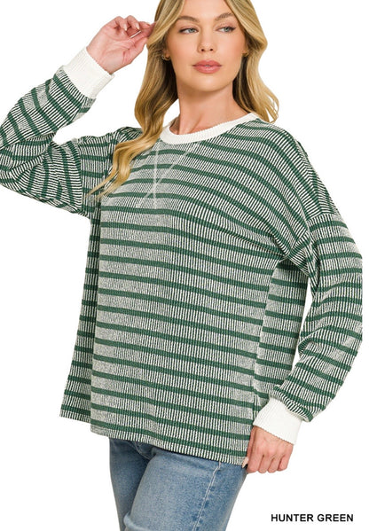 Raised Rib Striped Round Neck Pullover-Hunter Green