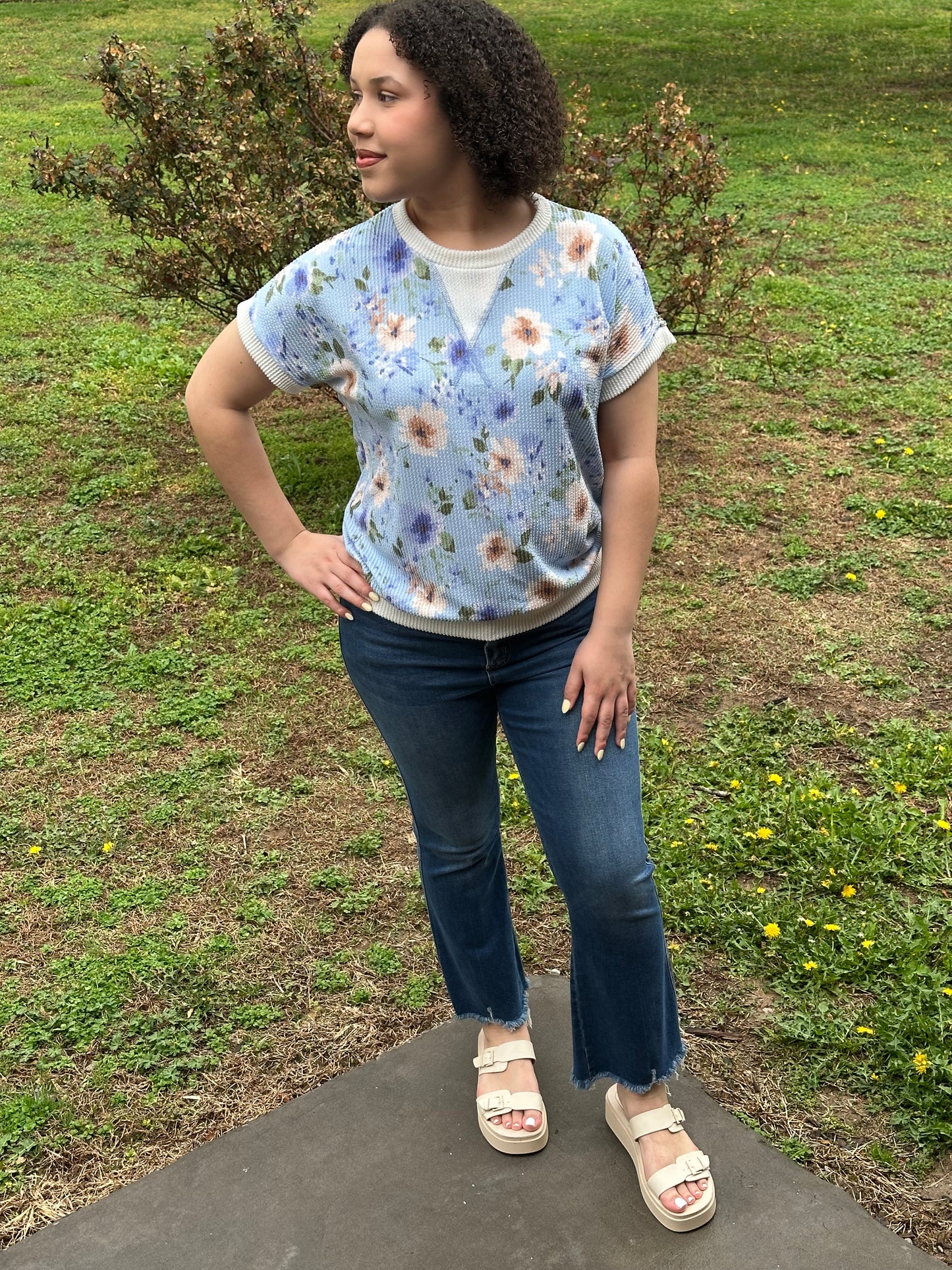 Blue Floral Ribbed Knit Short Sleeve Top