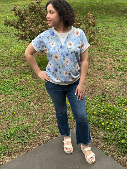 Blue Floral Ribbed Knit Short Sleeve Top