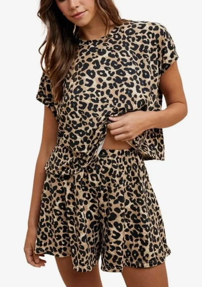 Soft Touch Leopard Knit Top and Flare Shorts Set