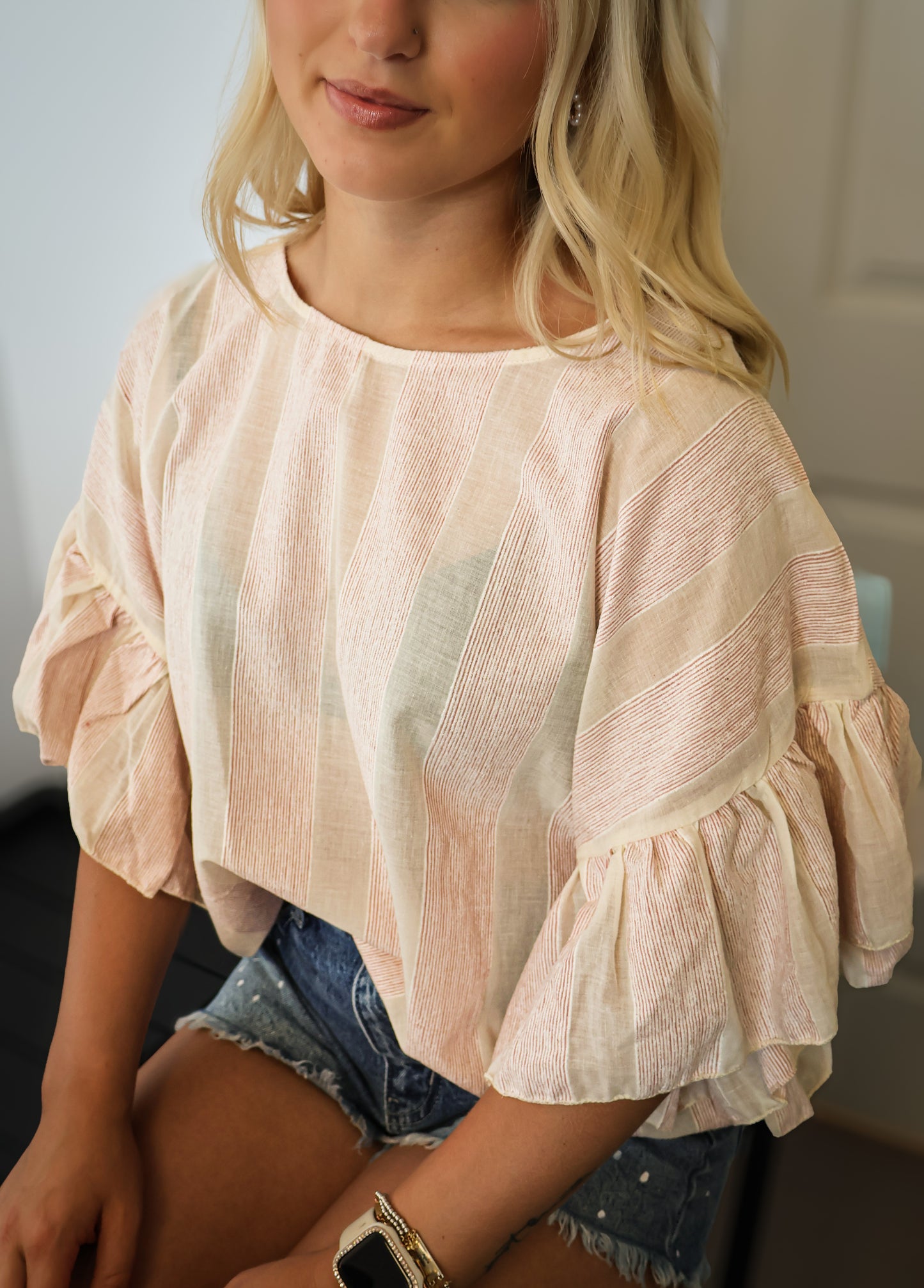 Wild Ruffle Embellished Sleeve Flowy Striped Top