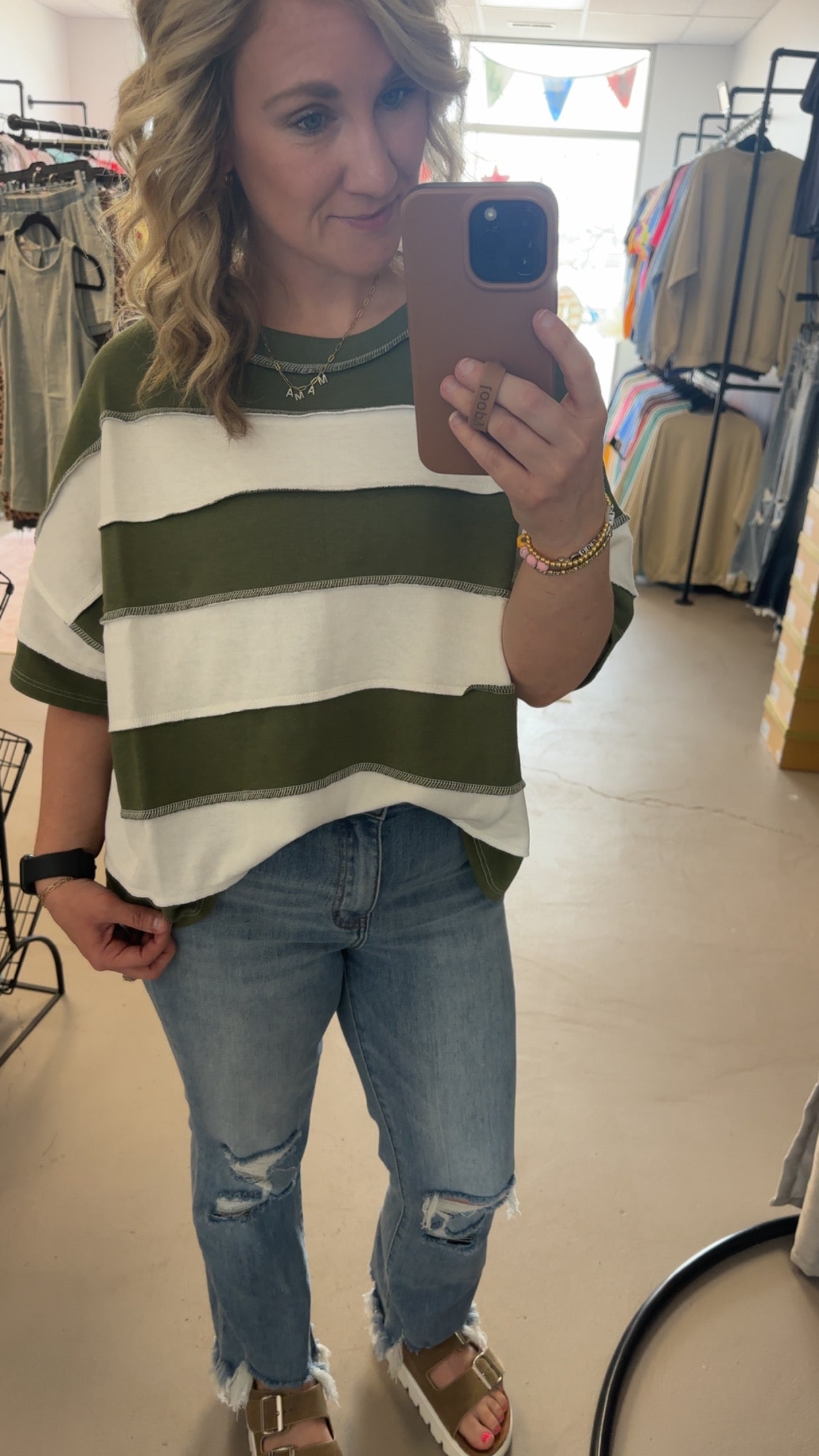 Zenana French Terry Striped Exposed Seam Top