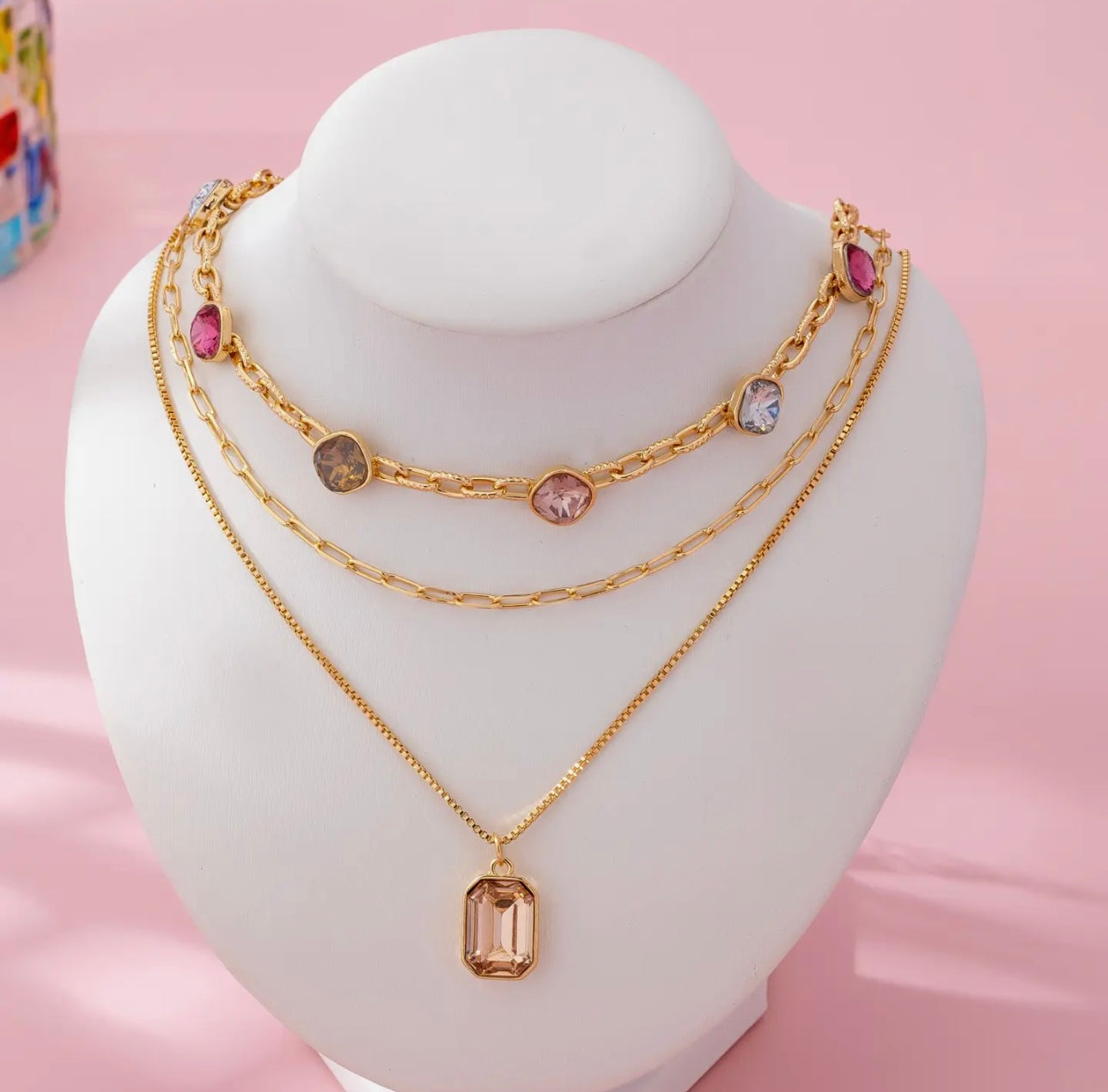 Oval Stone Beaded Ball Multi Layer Chain Necklace