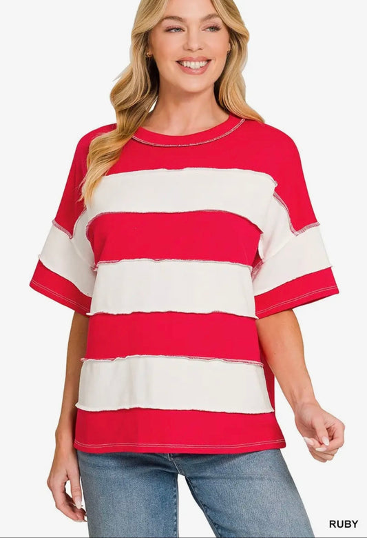 Zenana French Terry Striped Exposed Seam Top-Ruby