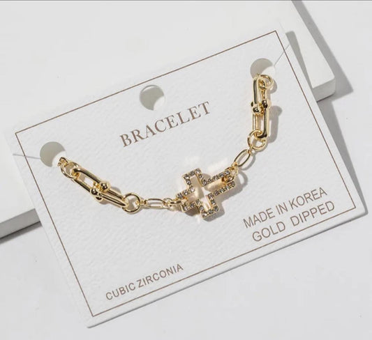 Gold Dipped Cz Pave Ocean Cross Charm Accent Link Bracelet - Gold