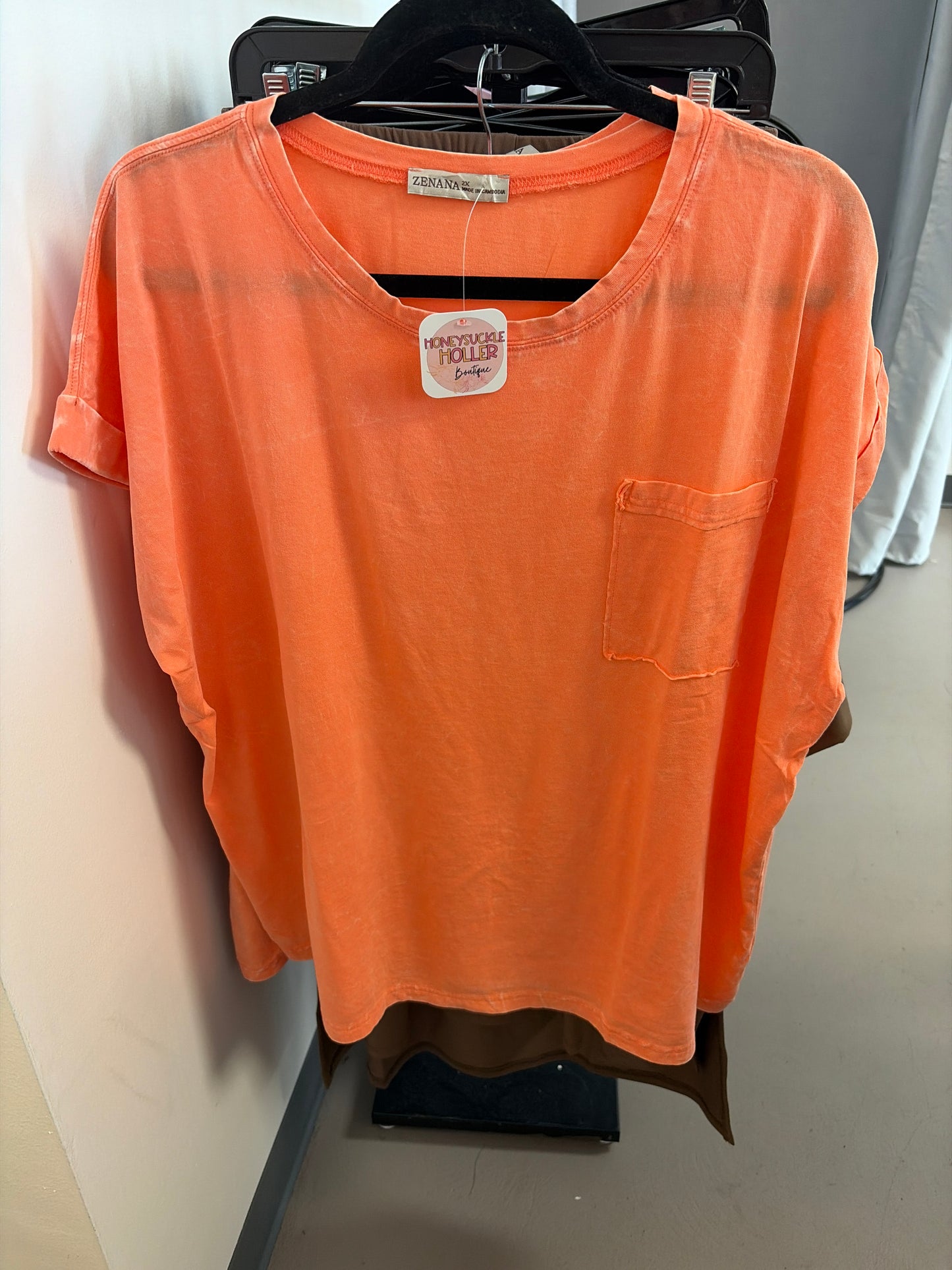Zenana Cropped Sleeve Comfort Tee - Washed Coral