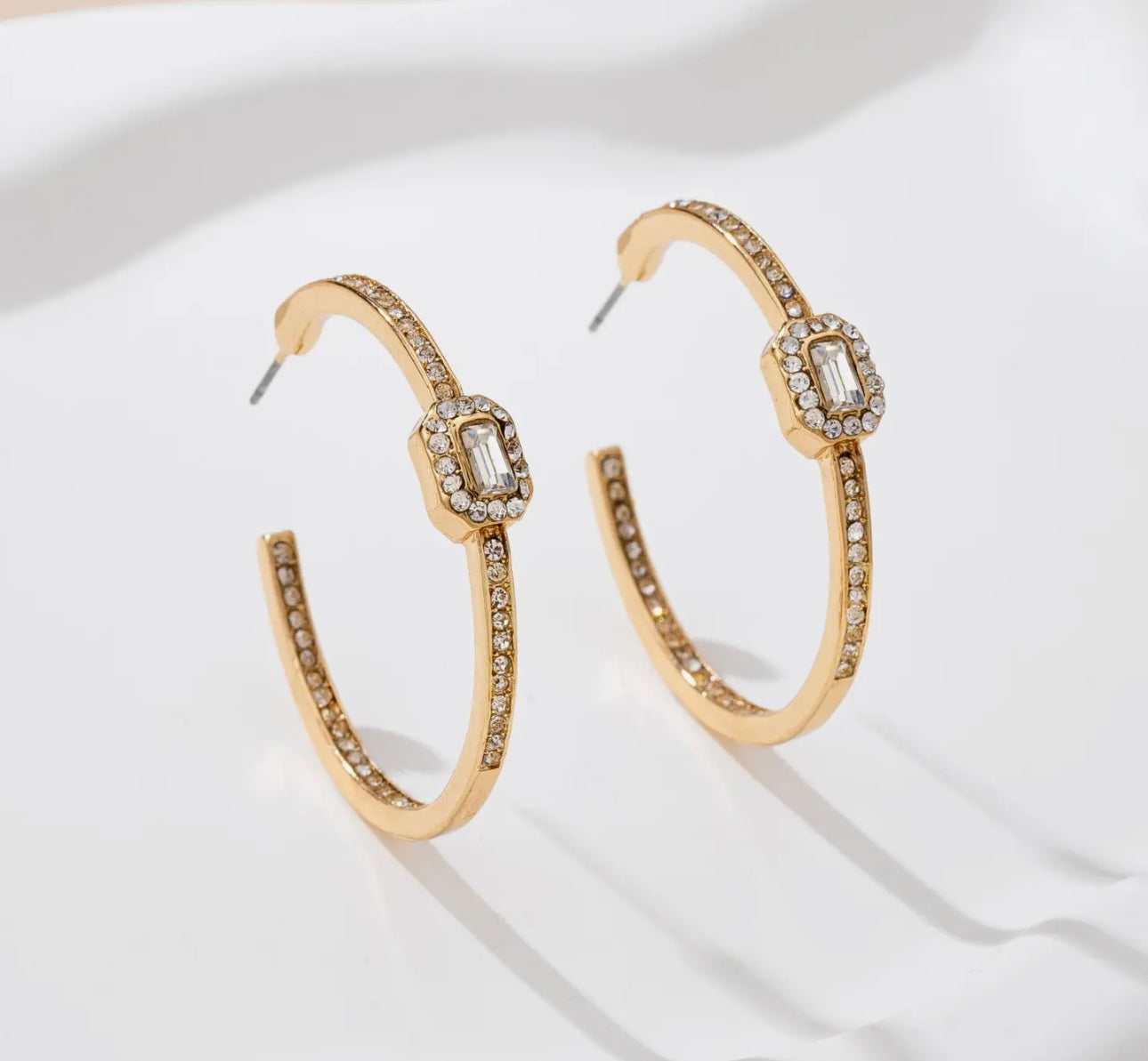 Solitaire Square Crystal Gold Hoop Earrings