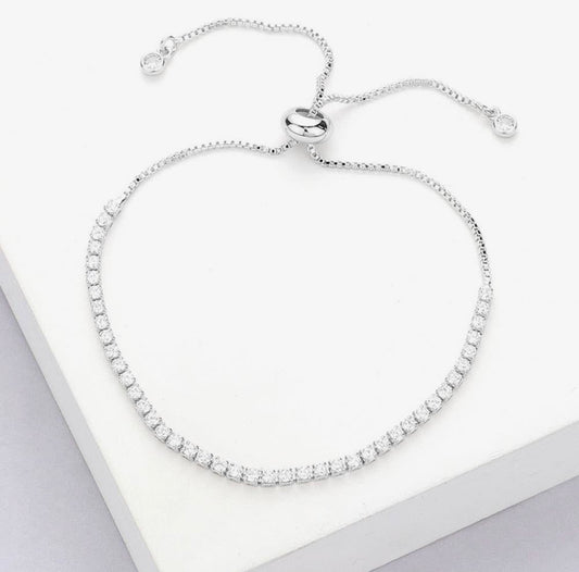 Stainless Steel Cz Stone Tennis Chain Pull Tie Adjustable Bracelet - Silver