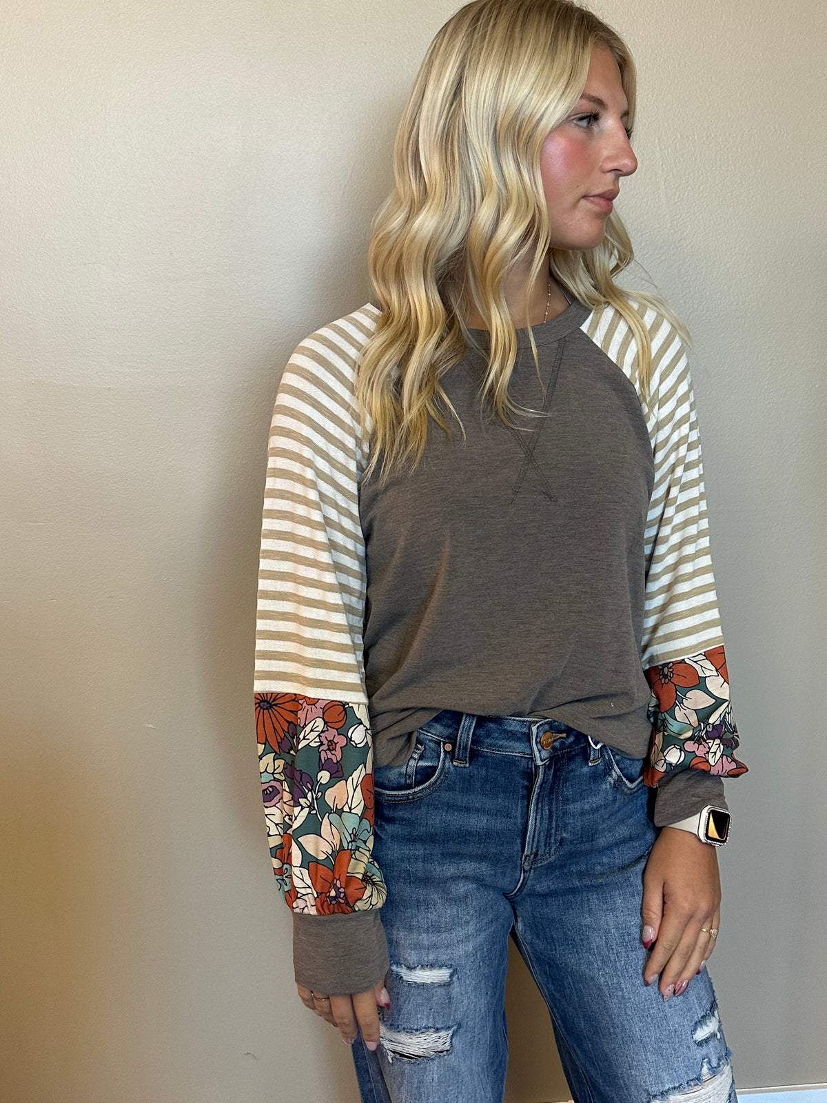 Stripe & Floral Contrast Raglan Top