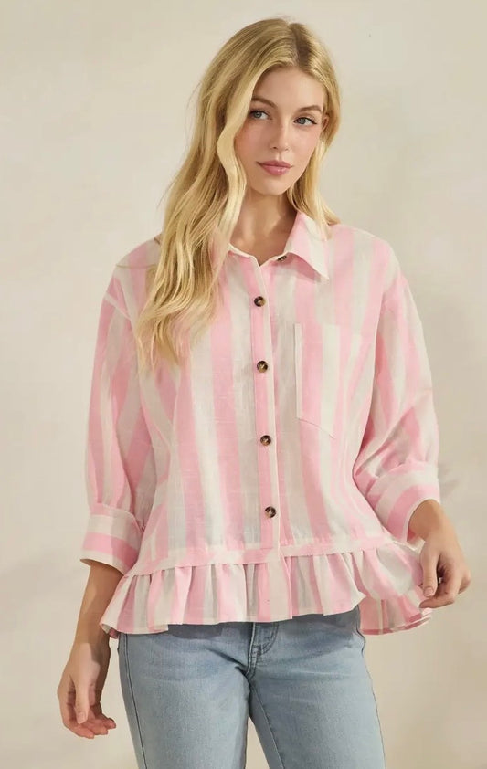 Vertical Striped Quarter Sleeve Button Front Blouse