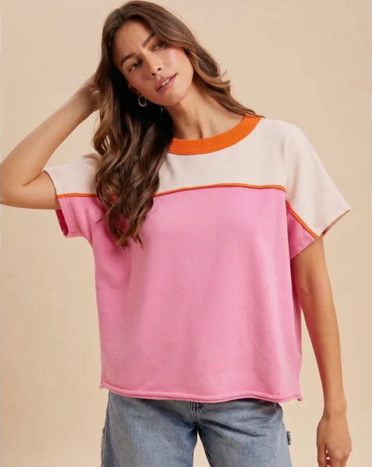 Mineral Washed Color Block Piping Detail Pullover