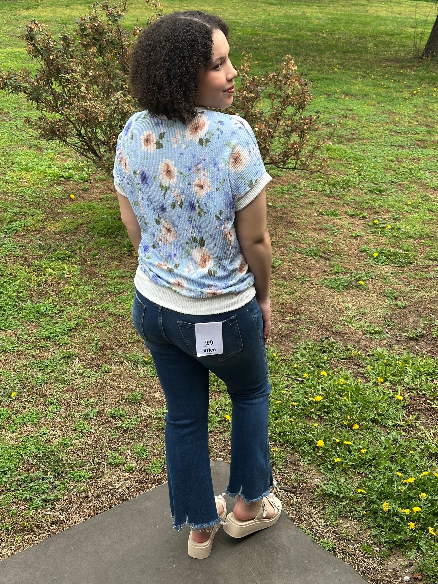 Blue Floral Ribbed Knit Short Sleeve Top