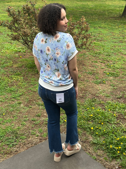 Blue Floral Ribbed Knit Short Sleeve Top
