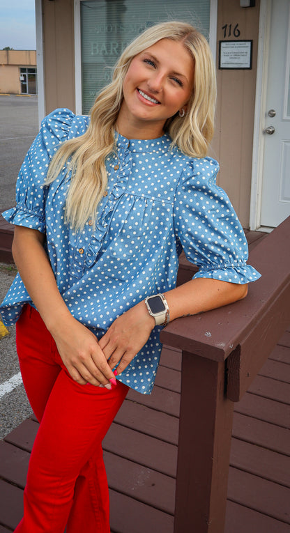 Polka Dot Ruffled Top - Light Denim