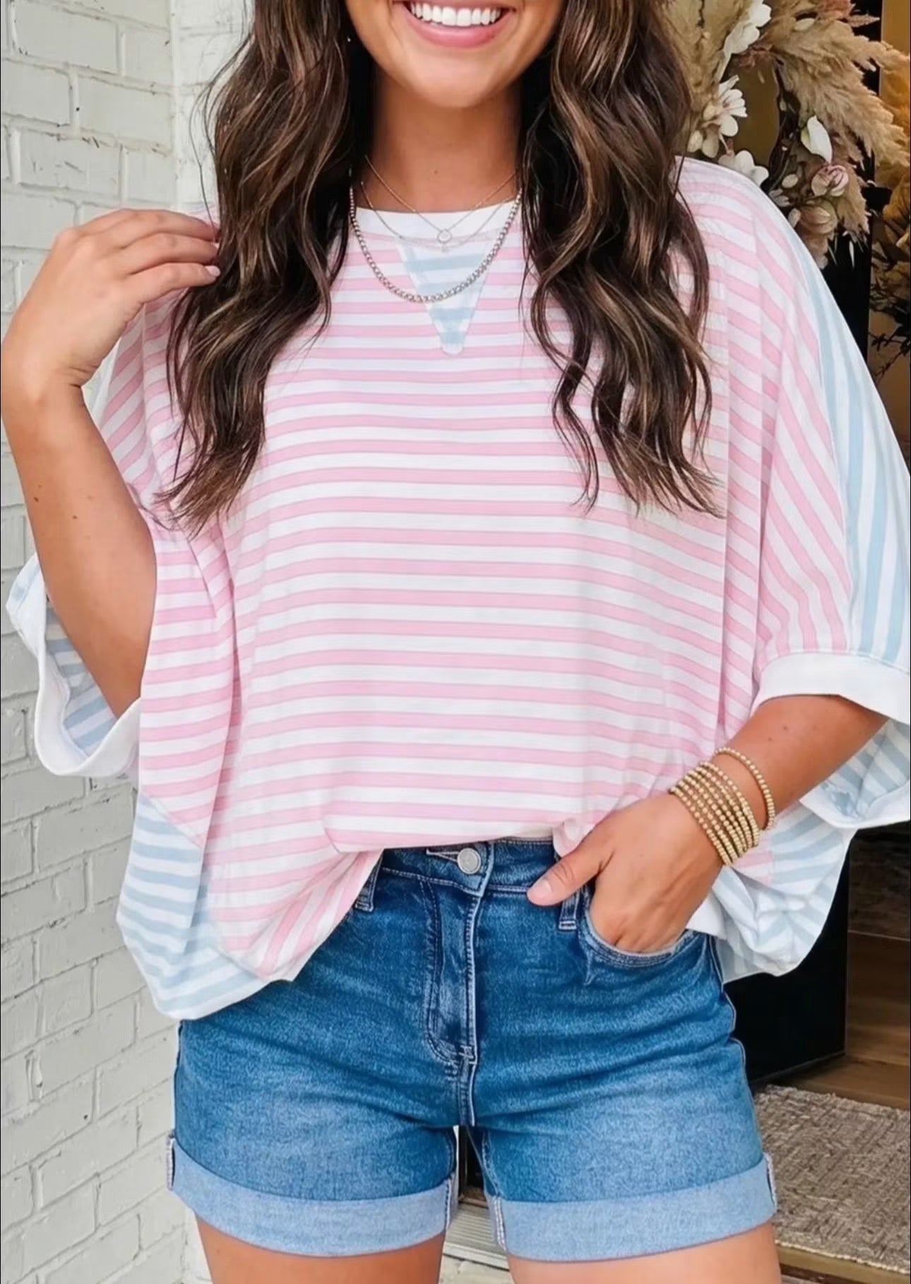 Striped Dolman Sleeve Patchwork Oversize T-Shirt