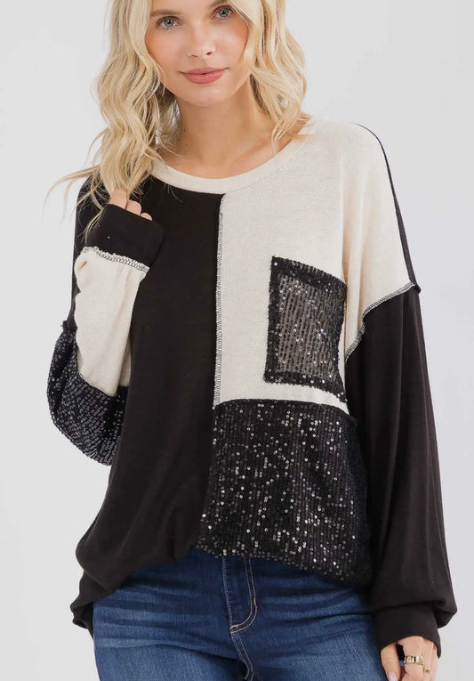 Sequin Patchwork Pocket Long Sleeve Pullover Top