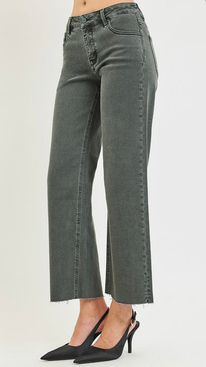 RISEN TUMMY CONTROL MID RISE ANKLE STRAIGHT RAW HEM PANTS-FORREST SHADOW