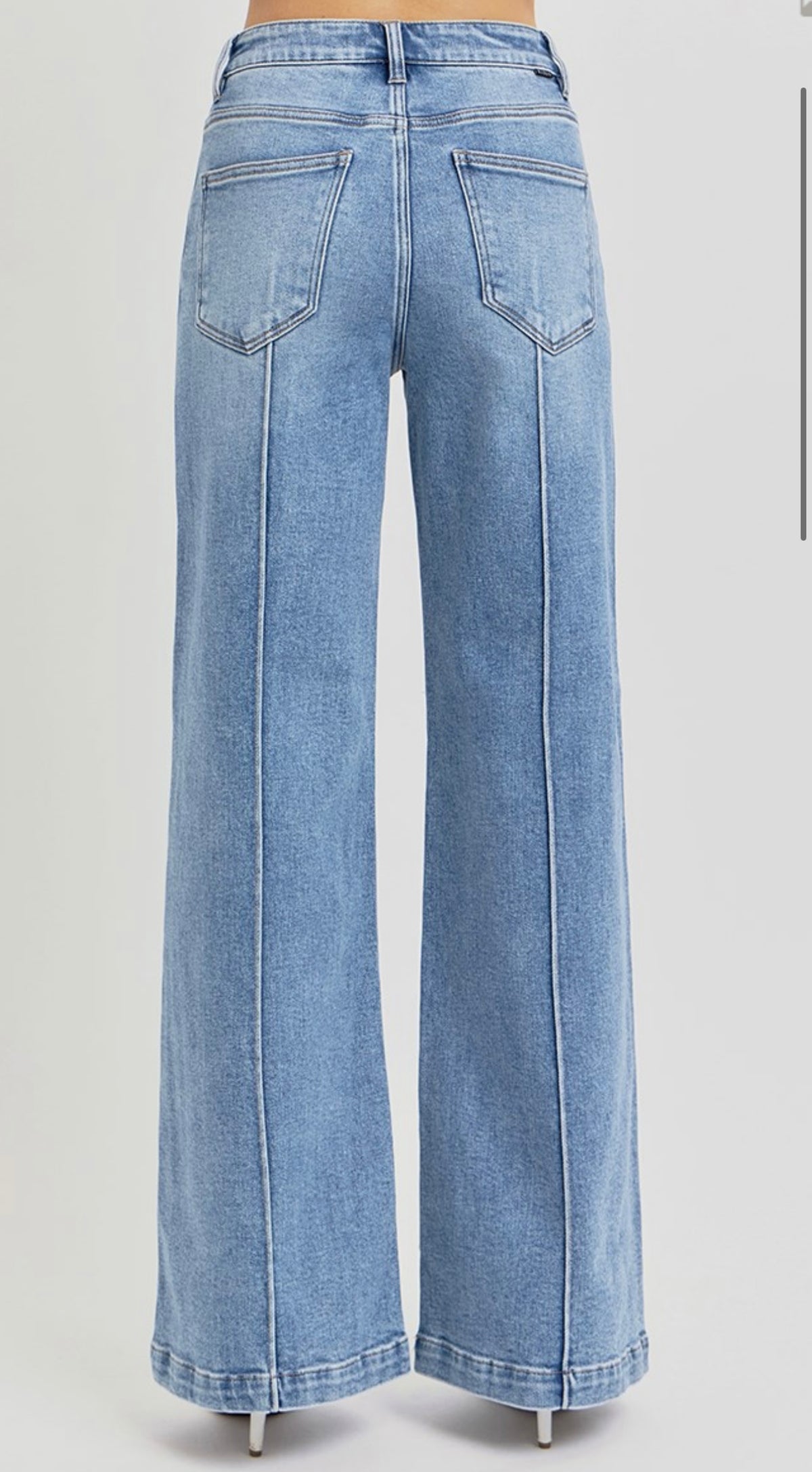 RISEN HIGH WAIST WIDE LEG PINTUCK DETAILED JEANS
