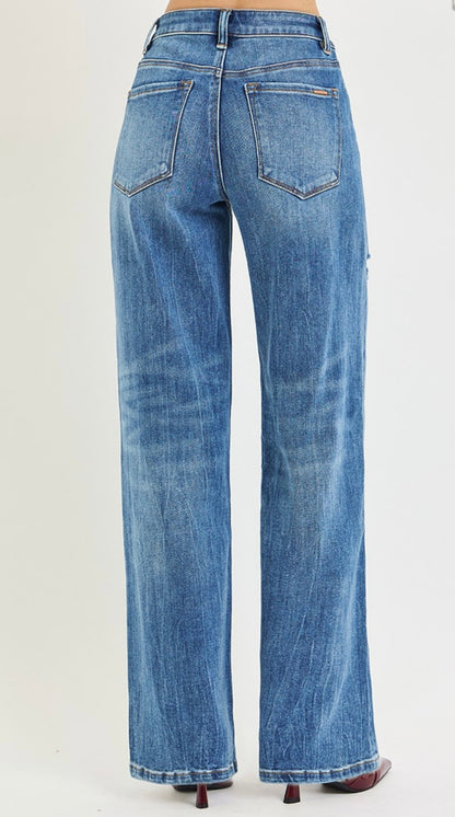 RISEN HIGH RISE WIDE JEANS WITH BODY DISTRESS