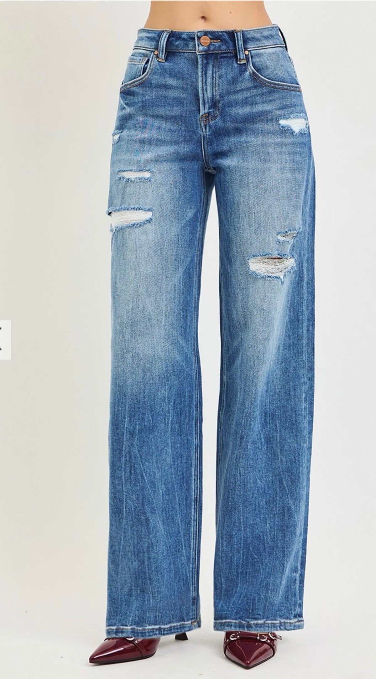 RISEN HIGH RISE WIDE JEANS WITH BODY DISTRESS